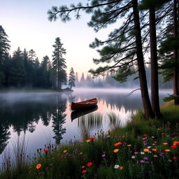 A serene forest scene at dawn, featuring a tranquil lake reflecting the pastel hues of the sky