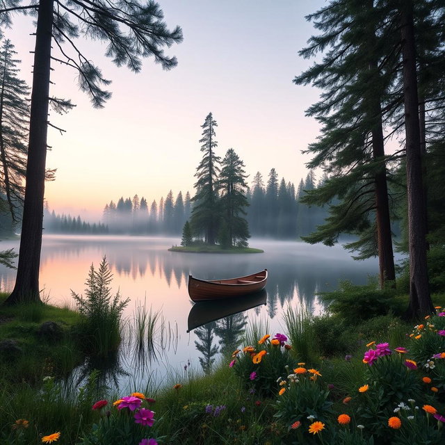 A serene forest scene at dawn, featuring a tranquil lake reflecting the pastel hues of the sky