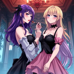 A stunning gothic anime scene showcasing a gothic girl with long, flowing purple hair, adorned in a beautiful black dress that accentuates her large bust