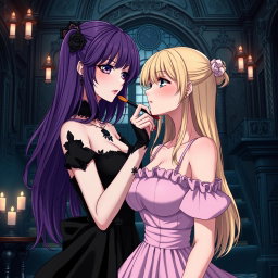 A stunning gothic anime scene showcasing a gothic girl with long, flowing purple hair, adorned in a beautiful black dress that accentuates her large bust