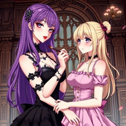 A stunning gothic anime scene showcasing a gothic girl with long, flowing purple hair, adorned in a beautiful black dress that accentuates her large bust