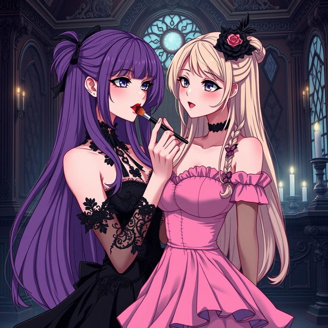 A stunning gothic anime scene showcasing a gothic girl with long, flowing purple hair, adorned in a beautiful black dress that accentuates her large bust