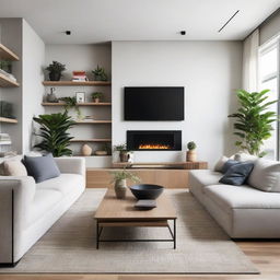 A modern living room viewed from the front, without a couch. Equipped with a large flat-screen TV, bookshelves, an elegant coffee table, and well-placed indoor plants.