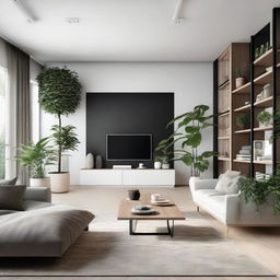 A modern living room viewed from the front, without a couch. Equipped with a large flat-screen TV, bookshelves, an elegant coffee table, and well-placed indoor plants.