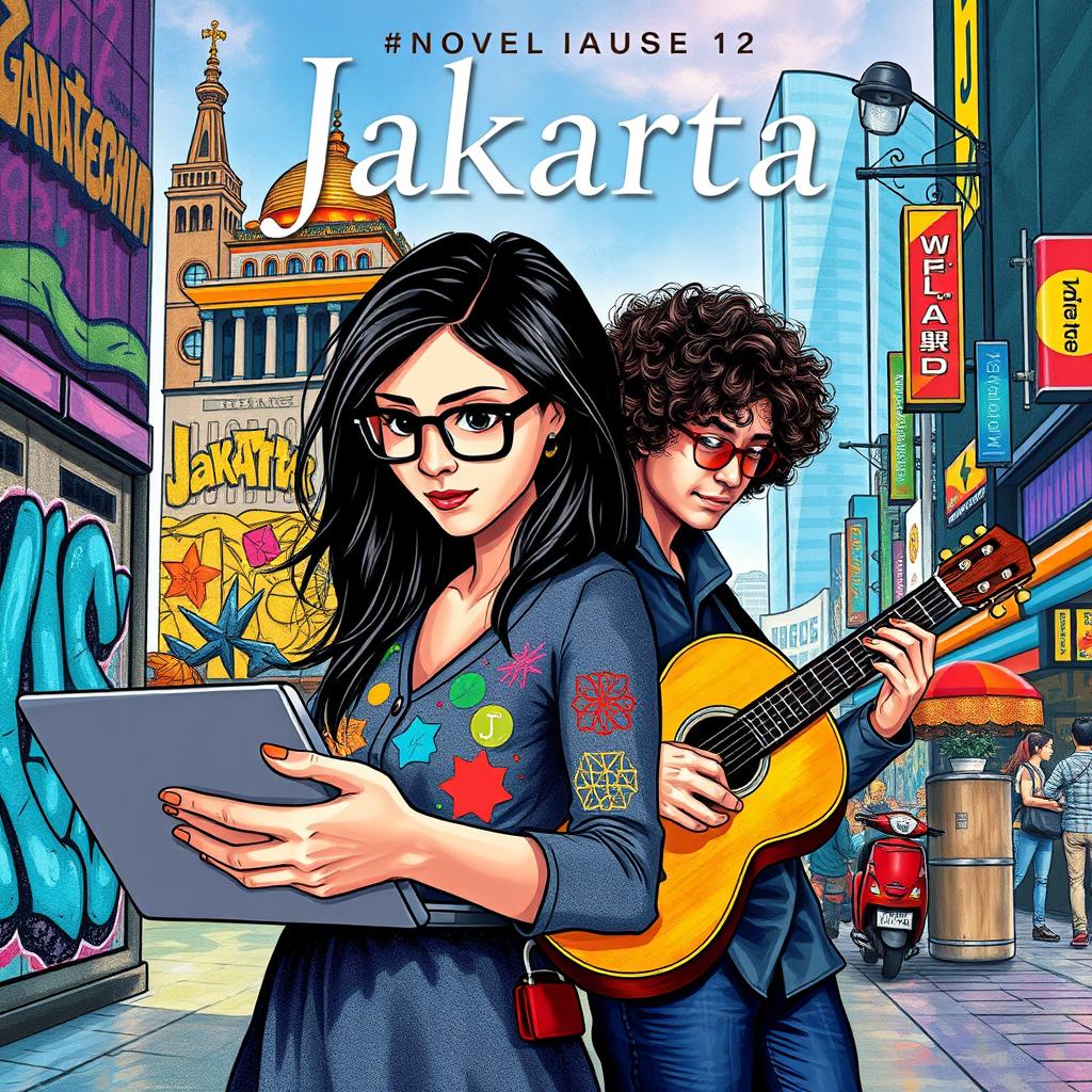 A captivating novel cover design featuring a graphic designer woman and a street musician man set against the vibrant streets of Jakarta