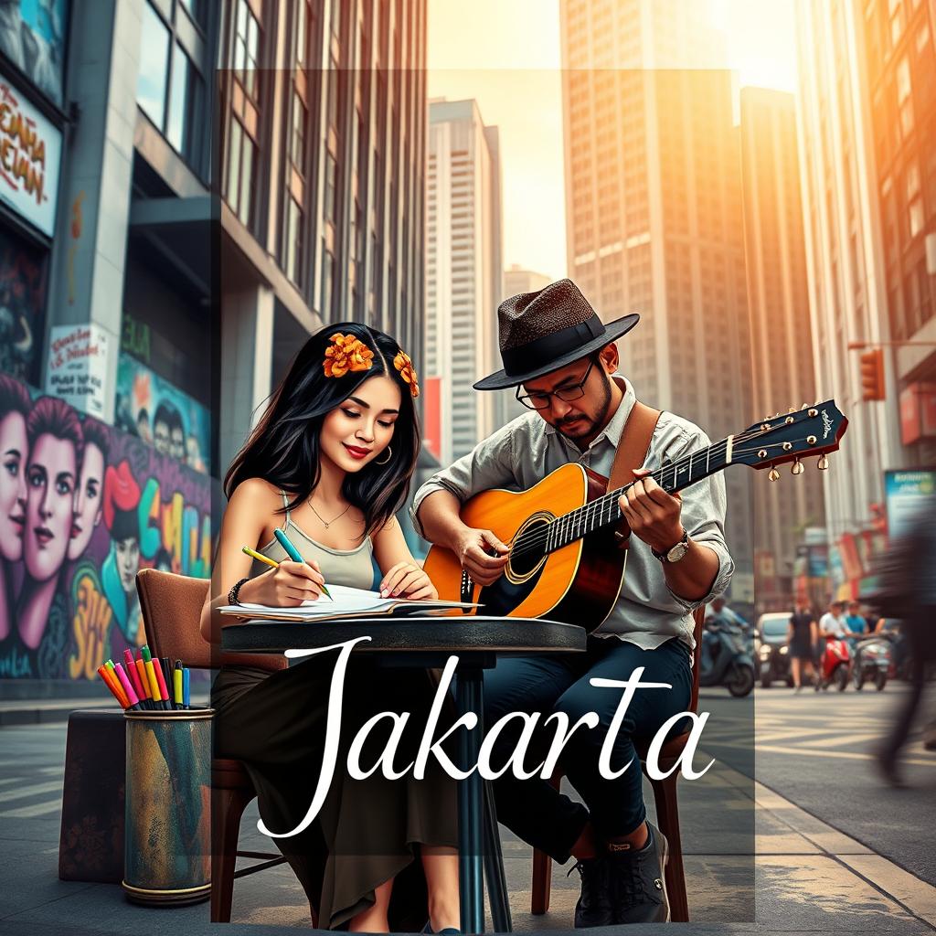 A captivating novel cover featuring a graphic designer woman and a street musician man, set against the vibrant streets of Jakarta