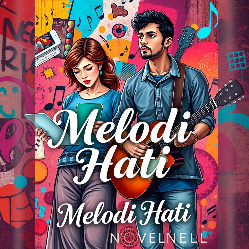 A captivating novel cover for "Melodi Hati" featuring a woman graphic designer surrounded by colorful design elements and her digital tablet, showcasing her artistic talent