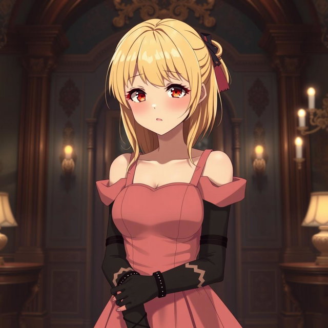 A charming scene featuring a flustered blond 20-year-old anime girl, blushing with embarrassment