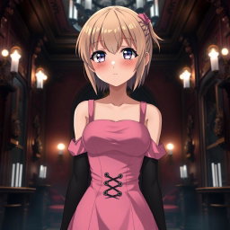 A charming scene featuring a flustered blond 20-year-old anime girl, blushing with embarrassment