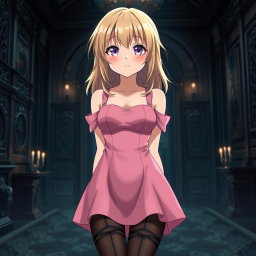 A charming scene featuring a flustered blond 20-year-old anime girl, blushing with embarrassment
