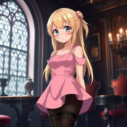 A charming scene featuring a flustered blond 20-year-old anime girl, blushing with embarrassment