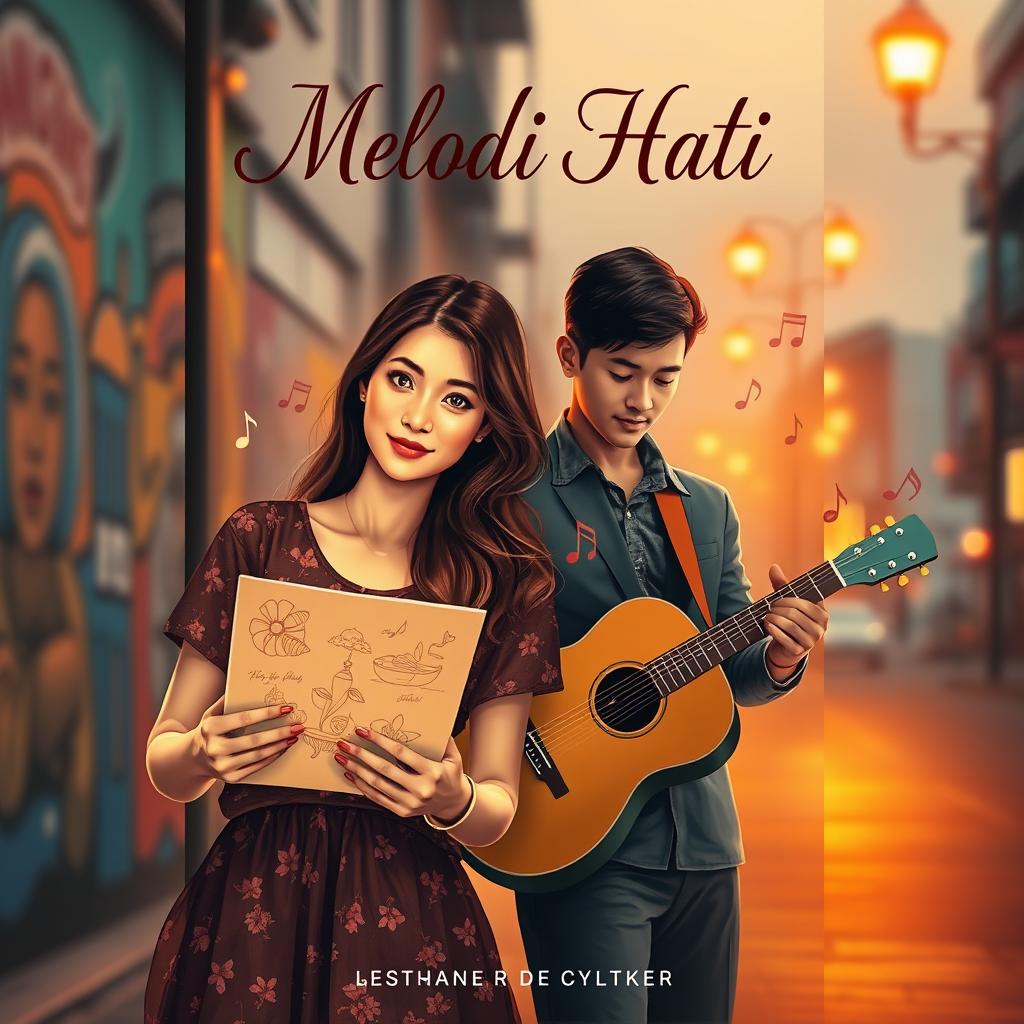 A captivating novel cover for a book titled 'Melodi Hati', featuring a beautiful woman who is a graphic designer, holding a sketch pad with colorful designs in her hands