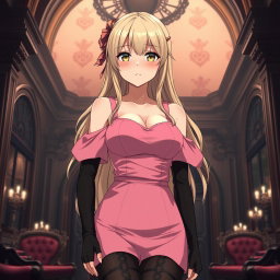 A tall, flustered blond 20-year-old anime girl, blushing with embarrassment, showcasing her very large bust