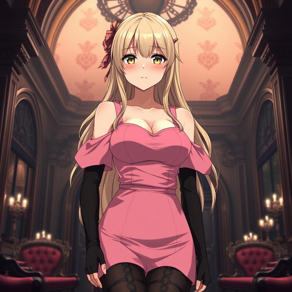 A tall, flustered blond 20-year-old anime girl, blushing with embarrassment, showcasing her very large bust