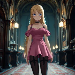 A tall, flustered blond 20-year-old anime girl, blushing with embarrassment, showcasing her very large bust