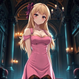 A tall, flustered blond 20-year-old anime girl, blushing with embarrassment, showcasing her very large bust