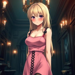 A tall, flustered blond 20-year-old anime girl, blushing with embarrassment, showcasing her very large bust