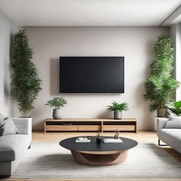 A modern living room viewed from the front, without a couch. Equipped with a large flat-screen TV, bookshelves, an elegant coffee table, and well-placed indoor plants.