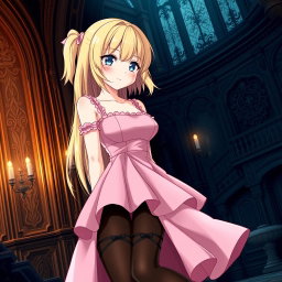 A tall, flustered blond 20-year-old anime girl, blushing with embarrassment, showcasing her very large bust
