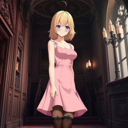 A tall, flustered blond 20-year-old anime girl, blushing with embarrassment, showcasing her very large bust