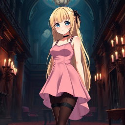 A tall, flustered blond 20-year-old anime girl, blushing with embarrassment, showcasing her very large bust