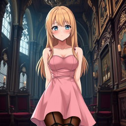 A tall, flustered blond 20-year-old anime girl, blushing with embarrassment, showcasing her very large bust