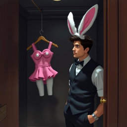 A scene depicting a casino worker in an isolated room, looking thoughtfully at a bunny girl outfit hanging on a hanger