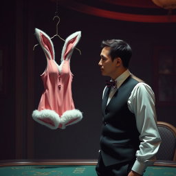 A scene depicting a casino worker in an isolated room, looking thoughtfully at a bunny girl outfit hanging on a hanger