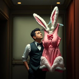 A scene depicting a casino worker in an isolated room, looking thoughtfully at a bunny girl outfit hanging on a hanger