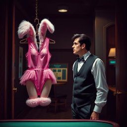 A scene depicting a casino worker in an isolated room, looking thoughtfully at a bunny girl outfit hanging on a hanger