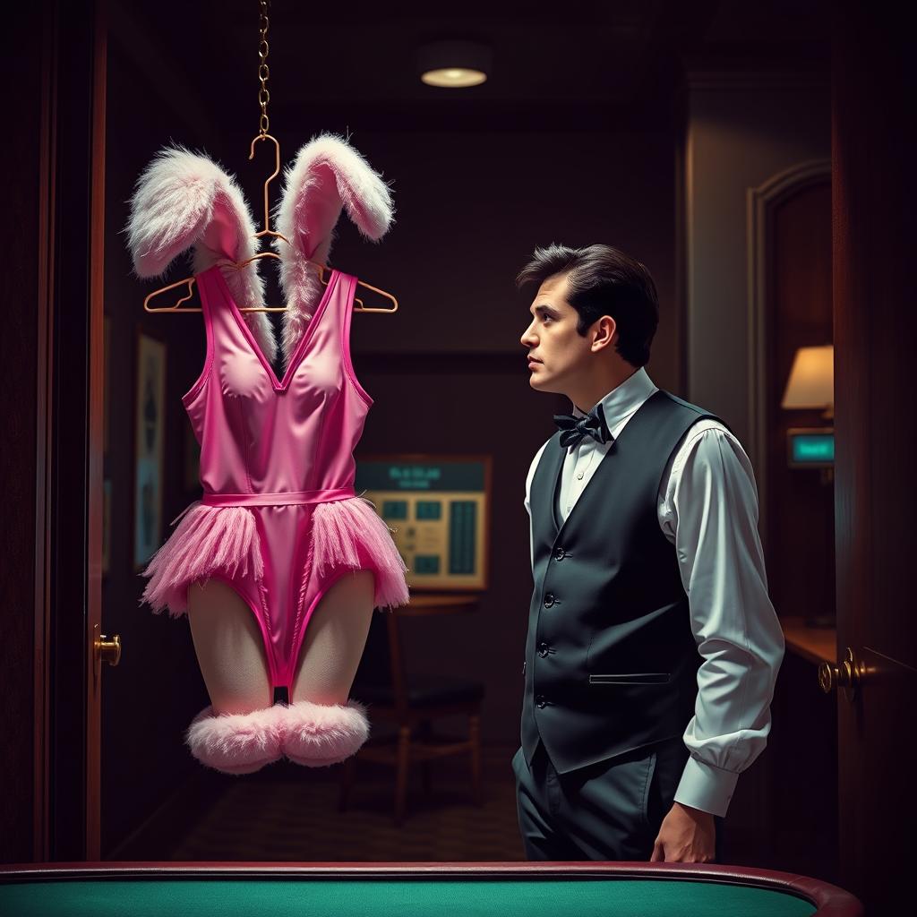 A scene depicting a casino worker in an isolated room, looking thoughtfully at a bunny girl outfit hanging on a hanger