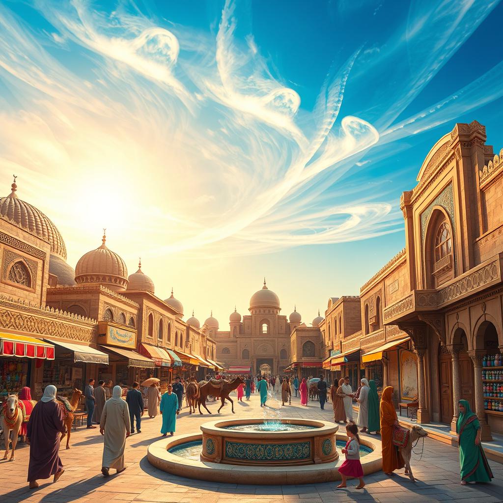 A vibrant historical scene of Manbij City during the Umayyad Caliphate, showcasing traditional Arabian architecture with intricate designs and domes
