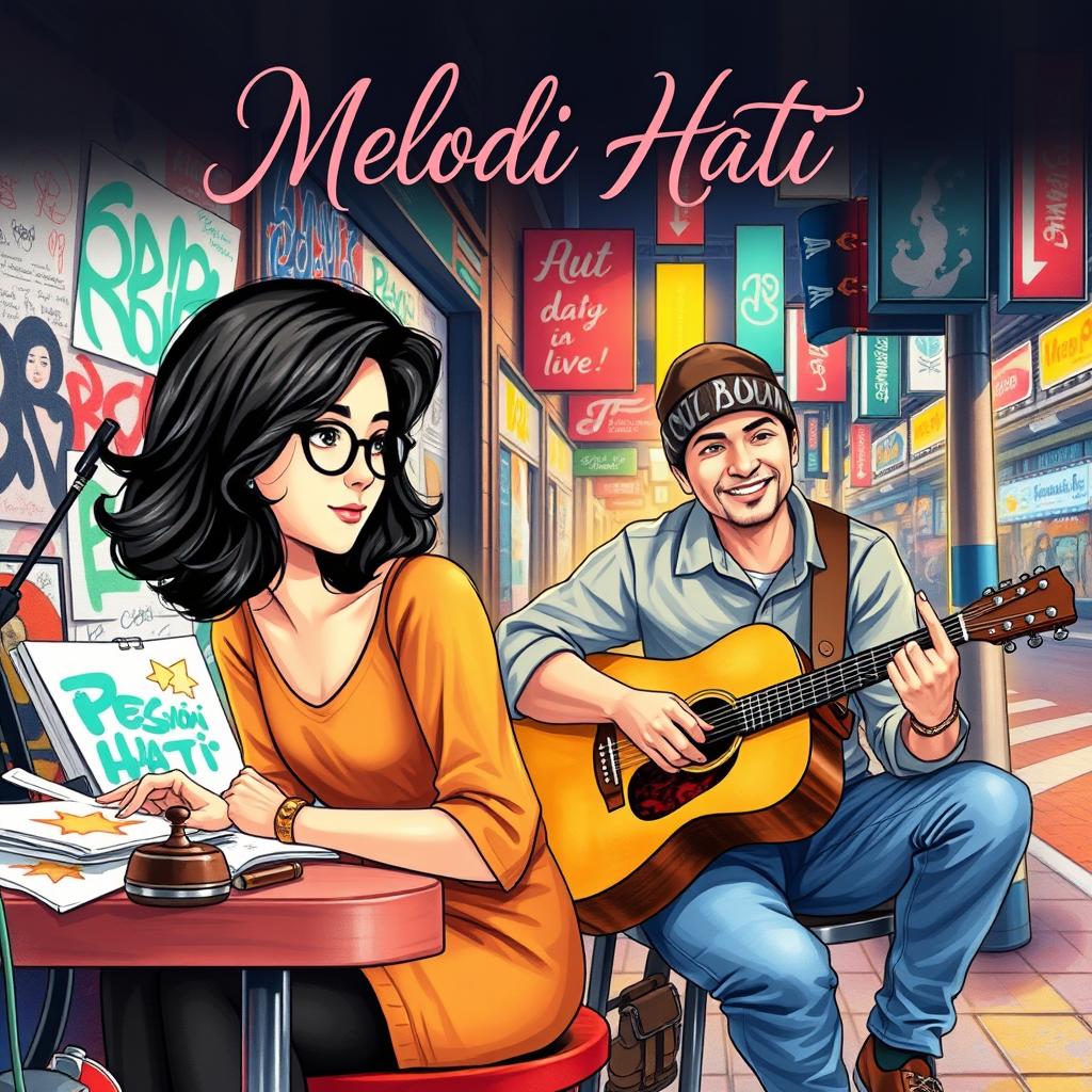 A captivating novel cover illustration for 'Melodi Hati' capturing a graphic designer woman and a street musician man