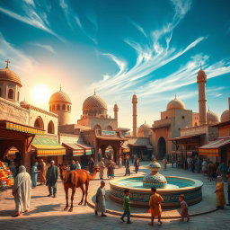 A vibrant historical scene of Manbij City during the Umayyad Caliphate, showcasing traditional Arabian architecture with intricate designs and domes