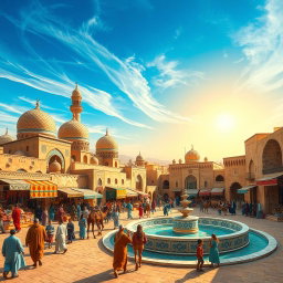 A vibrant historical scene of Manbij City during the Umayyad Caliphate, showcasing traditional Arabian architecture with intricate designs and domes