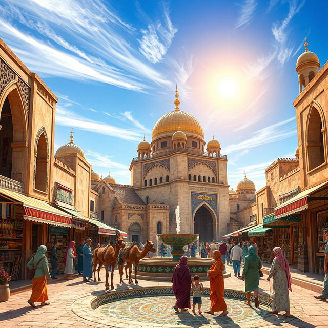 A vibrant historical scene of Manbij City during the Umayyad Caliphate, showcasing traditional Arabian architecture with intricate designs and domes