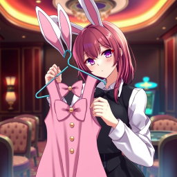 An anime girl casino worker in an isolated room, holding a bunny girl outfit on a hanger