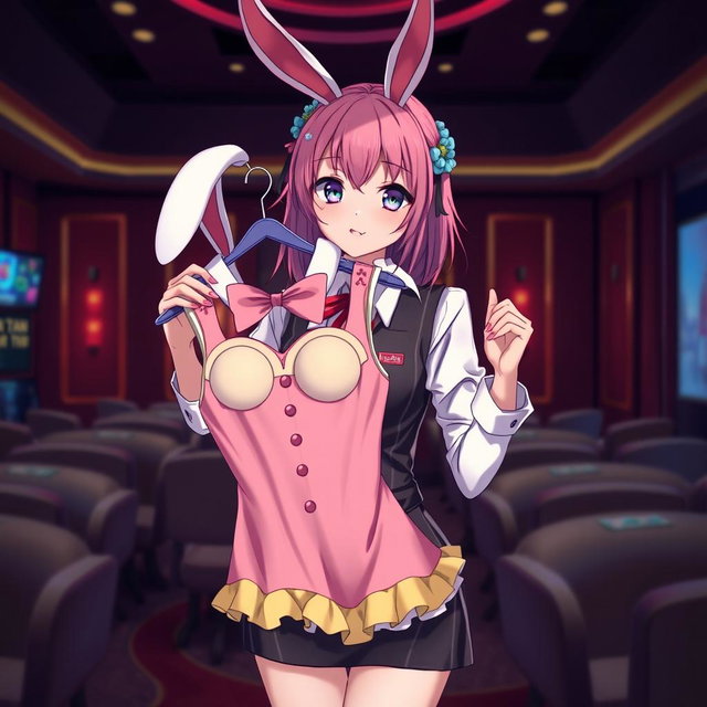 An anime girl casino worker in an isolated room, holding a bunny girl outfit on a hanger
