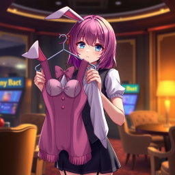 An anime girl casino worker in an isolated room, holding a bunny girl outfit on a hanger