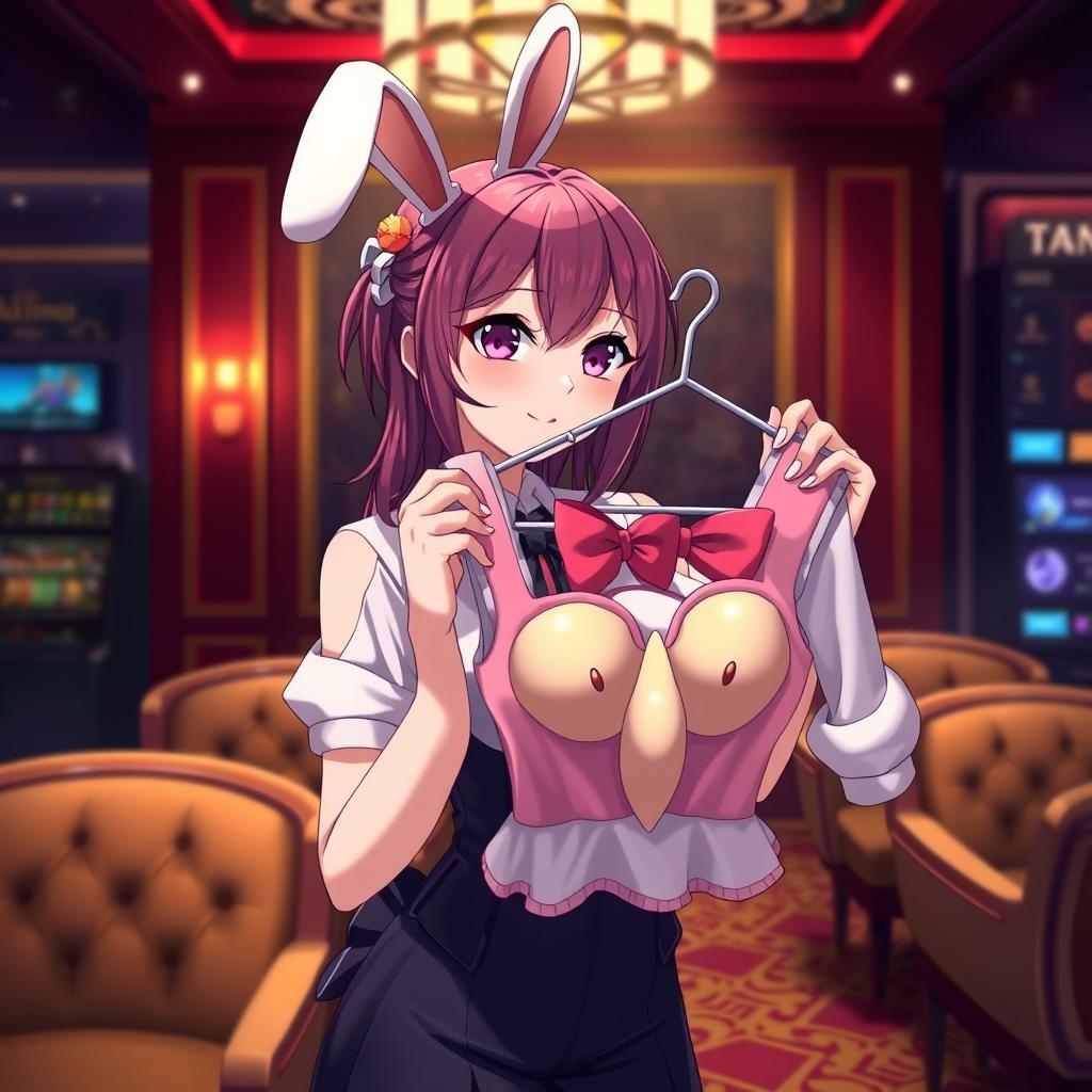 An anime girl casino worker in an isolated room, holding a bunny girl outfit on a hanger