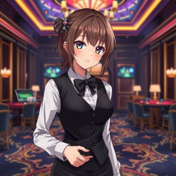 An anime girl casino worker in an isolated room, showcasing a blend of professionalism and charm