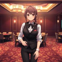 An anime girl casino worker in an isolated room, showcasing a blend of professionalism and charm