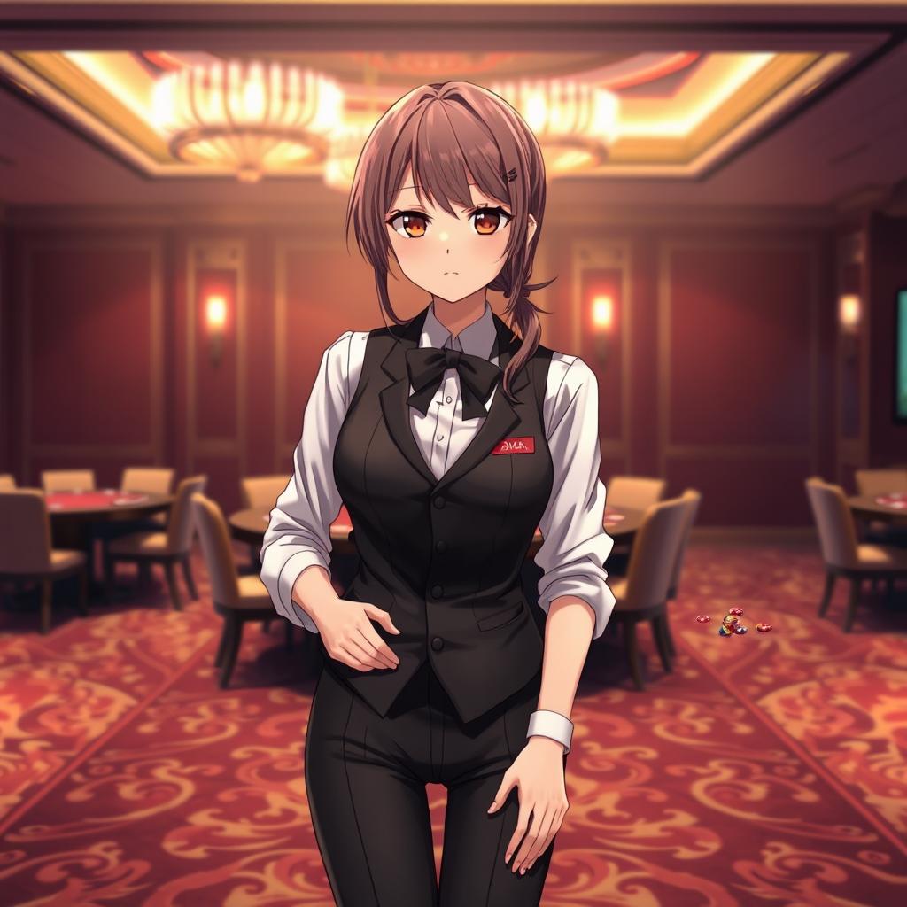 An anime girl casino worker in an isolated room, showcasing a blend of professionalism and charm