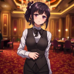 An anime girl casino worker in an isolated room, showcasing a blend of professionalism and charm