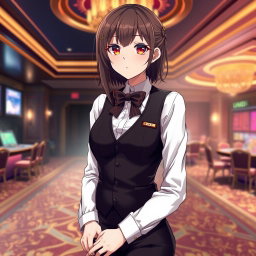 An anime girl casino worker in an isolated room, showcasing a blend of professionalism and charm