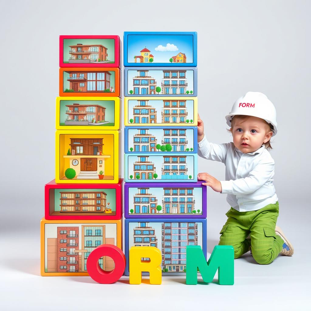 A visually appealing scene depicting medium-sized, colorful rectangular blocks stacked vertically in a single column