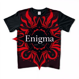 A stylish t-shirt design featuring a modern, abstract graphic pattern in rich red and black tones