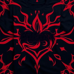 A stylish t-shirt design featuring a modern, abstract graphic pattern in rich red and black tones