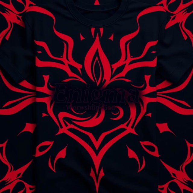 A stylish t-shirt design featuring a modern, abstract graphic pattern in rich red and black tones