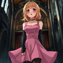 A tall, flustered 20-year-old anime girl with striking blonde hair, blushing deeply with embarrassment